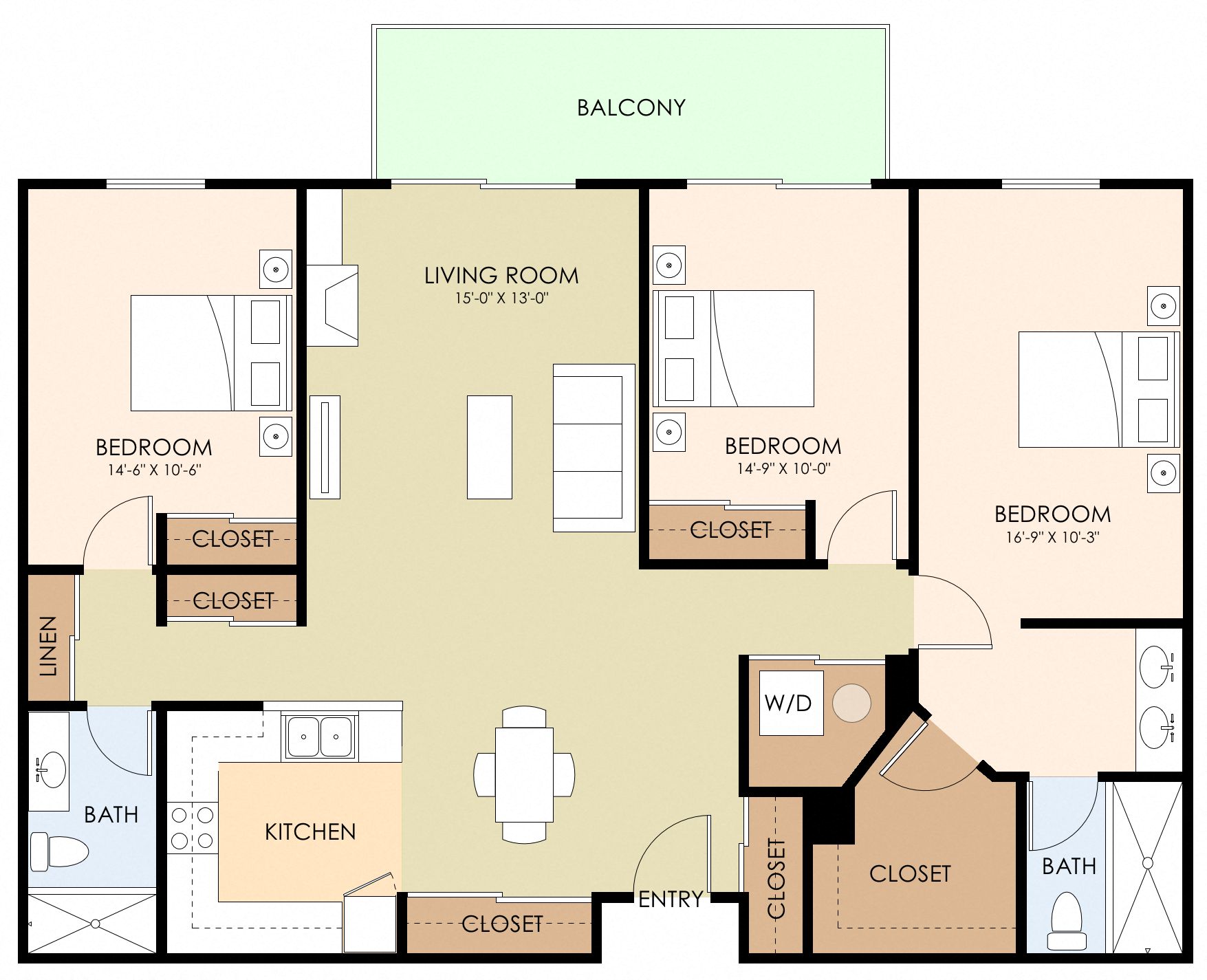 Floor plan for 3 beds, 2 baths, 1311 sqft